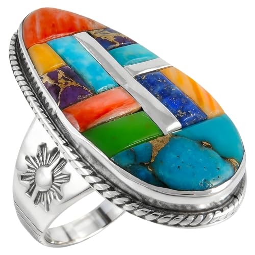 Sterling Silver Genuine Gemstones & Turquoise Ring (SELECT color) (Multi-51, 9)
