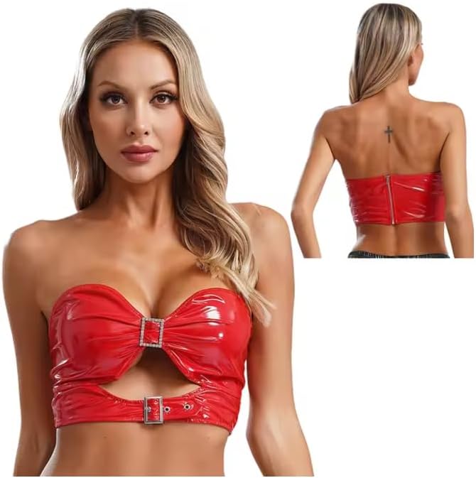 Women Patent Leather Bra Tops Party Wear Lingerie Hollow Out Bra Metallic PU Underwear Bras Vest