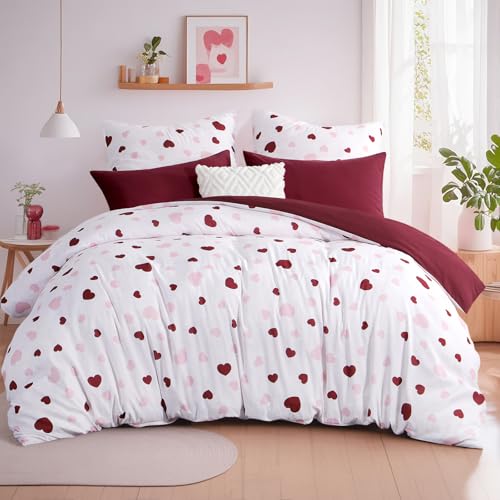 Aisbo Bettwäsche 220x240 3 teilig Bettdeckenbezug - Bettwäsche Set 240x220cm Herzen Rosa Rot Muster mit 2 Kissenbezügen 80x80 cm, Mikrofaser...