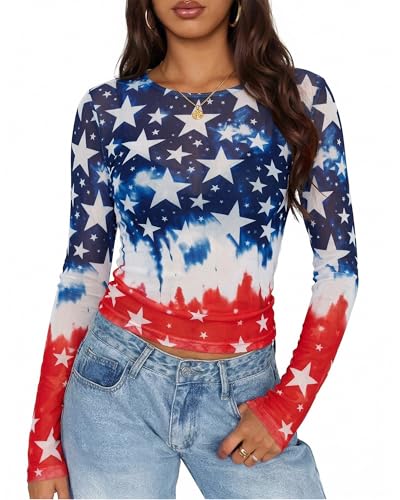 Image of MOUSYA Sheer Tops for Women Mesh Long Sleeve Top See Through Sexy Going Out Tee Summer Crewneck Party Undershirt