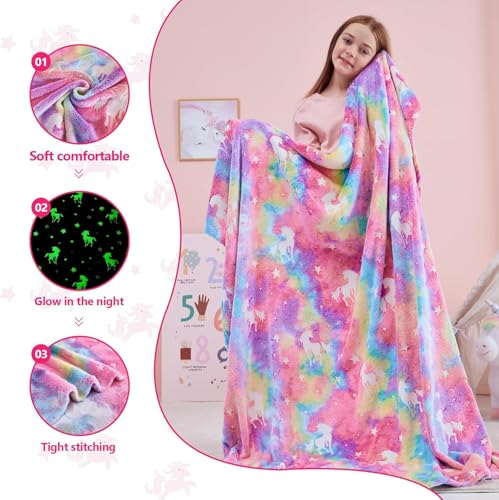 Wajade Einhorn Decke Kinder Kuscheldecke Geschenk für Mädchen Glow in The Dark Kuscheldecke Geschenk für 3 4 5 6 7 8 9 10 11 12 13 Jahre Geburtstag Gute Einhorn 130 * 150