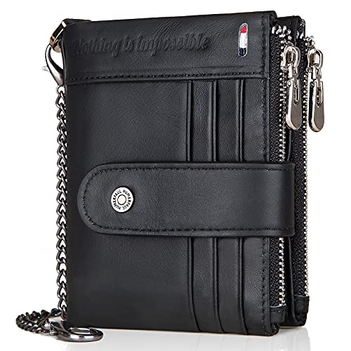 gzcz Chain Wallets RFID Wallets for Men Genuine Leather Wallet Zipper Bifold Wallet for Work, Travel, Outdoors With ID Window and Coin Purse