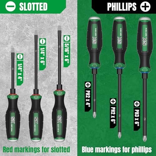 Image of SK 6-Piece Screwdriver Set Heavy Duty, Demolition Screwdriver, S2 Steel | Magnetic Slotted /Phillips Tips, Strike-cap Design for High-impact, Hex Bolster, SureGrip Handle