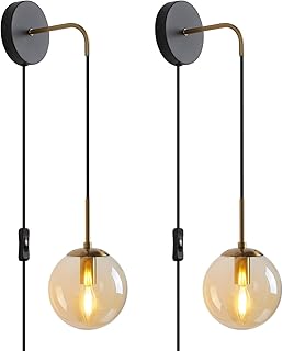 Wall Sconces Set of Two Black and Gold Plug in Wall Sconces Set of 2 with Globe Amber Glass Shade Wall Lights Wall Lamps for Bedrooms Sconces Wall Decor Set of 2 with 6Ft Plug in Cord On Off Switch
