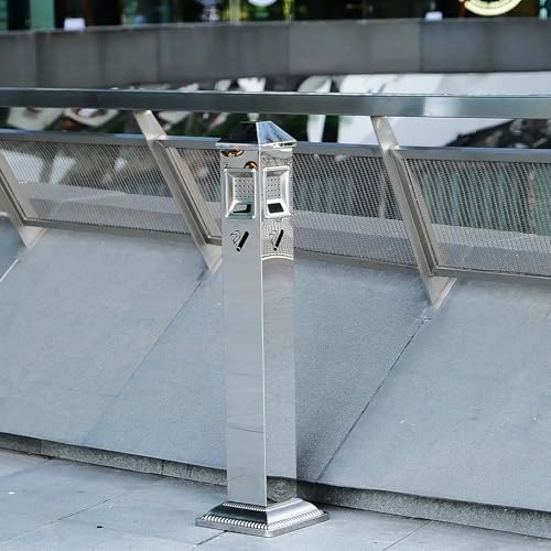 Stainless Steel Outdoor Trash Can & Cigarette Bin with Removable Ashtray, Durable Metal Waste Receptacle for Home, Office & Commercial Spaces, Sleek Silver Design