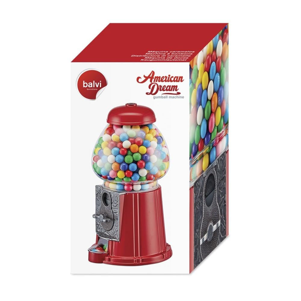 25-1271R Distributeur de chewing-gum rétro Tirelire Rouge et transparent Métal et verre Grand modèle D16 x H28 cm