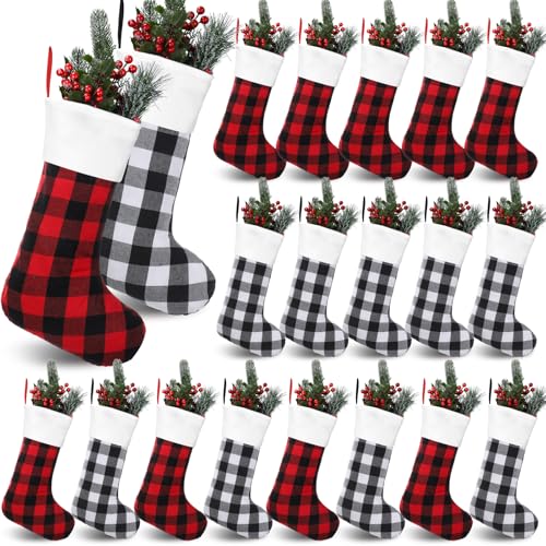 Seematn 20 Pcs Christmas Buffalo Plaid Stockings 18 Inch Xmas Black Red White Plaid Stockings with Plush Cuff Hanging Buffalo Plaid Christmas Stocking for Xmas Home Fireplace Holiday Party Decor