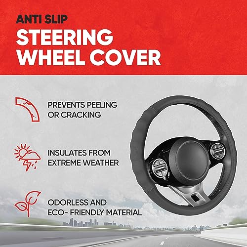 Image of Motor Trend Soft Touch Leather Gray Steering Wheel Cover with Grooves, Advanced Traction Universal Fit for Standard Sizes 14.5 15 15.5 inches