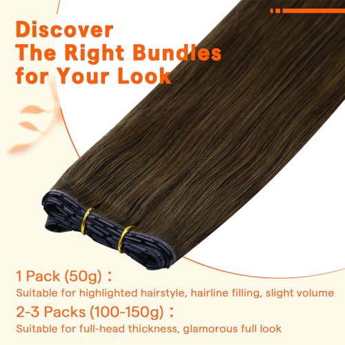 Image of Full Shine Butterfly Weft Hair Extensions 16 Inch 50G Medium Brown | Natural Thin Volume, Invisible PU Hole Genius Weft, Remy Human Hair, Micro Bead Wear for Women, Seamless Blend Solution