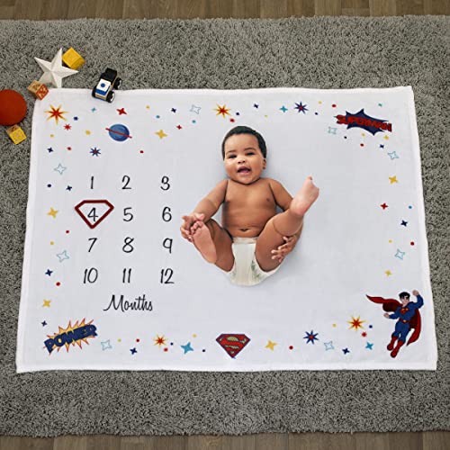 Image of Everything Kids Warner Brothers Superman White and Red Power, Icon, and Stars Milestone Baby Blanket