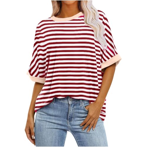 Camiseta Mujer Manga Corta Verano Estampado Raya Moda Suelto Casual Cuello Redondo Tops Algodón Fiesta T-Shirt Camisa Elegante Cómodo Original Basic tee Oversize Deportiva Talla Grande