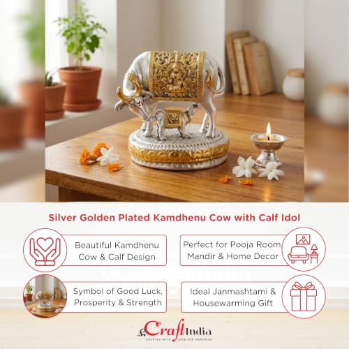 Image of eCraftIndia Silver Golden Plated Kamdhenu Cow with Calf Idol | Auspicious Vastu Home Decor for Pooja Room and Mandir | Cow and Calf Statue Gift for Diwali Krishna Janmashtami Housewarming Birthday