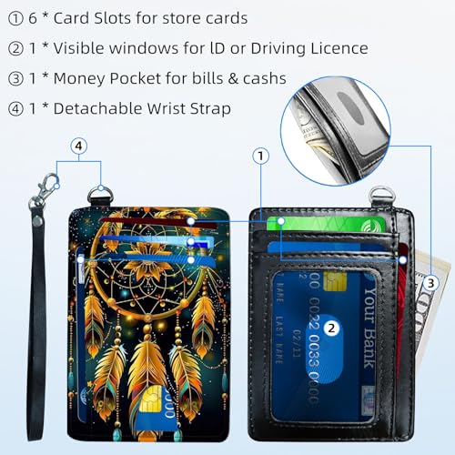 Slim Front Pocket Wallet for Women, RFID Blocking Credit Card Holder Wallet with Detachable Wrist Strap, Thin Card Case ID Window Small Card Holder for Unisex, Dreamcatcher Feathers4