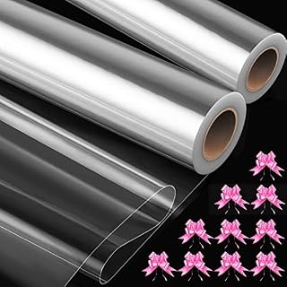 TOGOU2S 2 Rolls 80cm x 15m Cellophane Wrap, Large Clear Cellophane Wrap for Hampers, 10 Pink Ribbon Pull Bows, 1 Pink Roll Curling Ribbon for Present and Baskets Bouquet Wrapping, Wrapping Cellophane