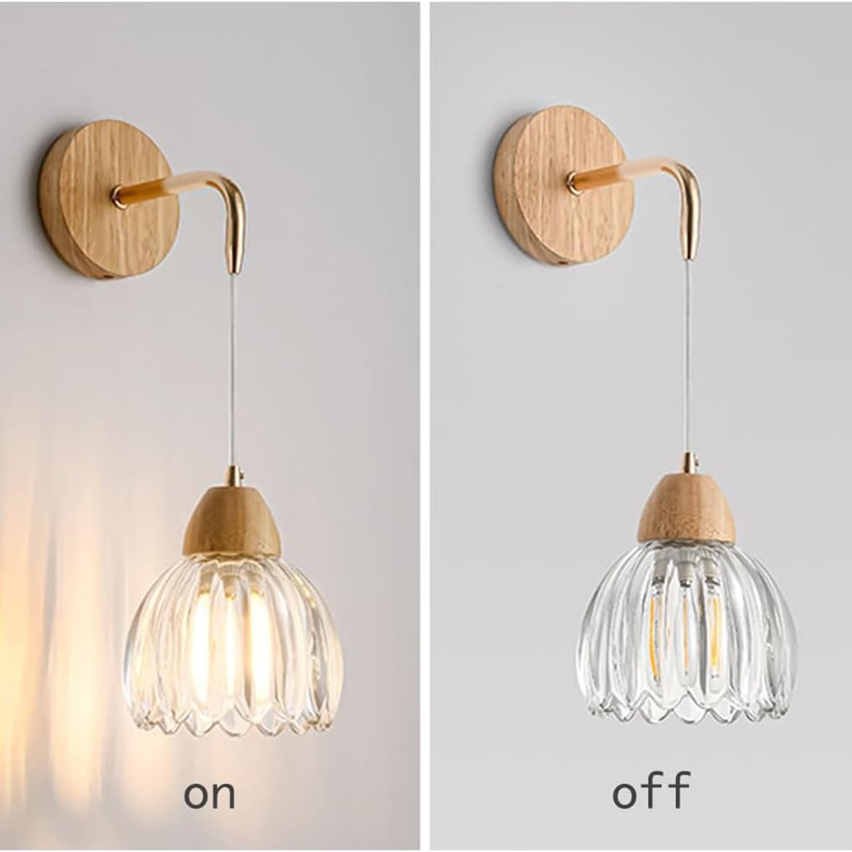 Drewniany kinkiet wewnętrzny, lampa ścienna w stylu vintage z kwiatowym wzorem, klosz z przezroczystego szkła, lampka nocna E27, lampa industrialna w stylu retro z okrągłą podstawą do salonu, sypialn