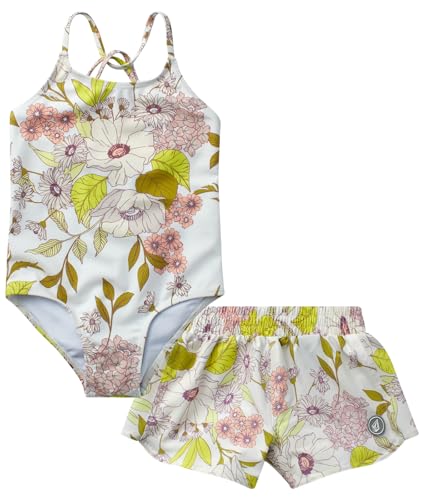 Image of Volcom Girls' Swimsuit Set - UPF50+ Quick-Dry Girls One Piece Swimsuits with Matching Swim Shorts for Swimming (Sizes: 2T-16)