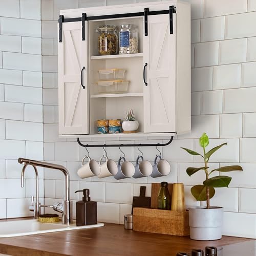 Image of RUSTOWN Farmhouse Bathroom Wall Cabinet with Sliding Barn Door & Towel Rack