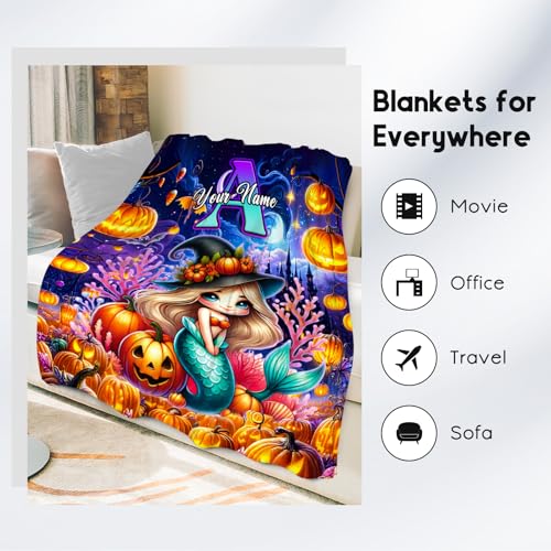 Halloween Blanket Gifts, Personalized Mermaid Blanket for Girls, Custom Initial Gifts for Kids, Fluffy Flannel Throw for Sofa Living Room (4 Sizes Choose)