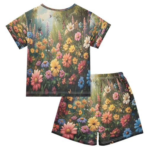 ALAZA Flower Butterfly Landscape Pajamas Set Short Sleeve Cotton Sleepwear Summer Pjs 2 Piece 5-14Y2