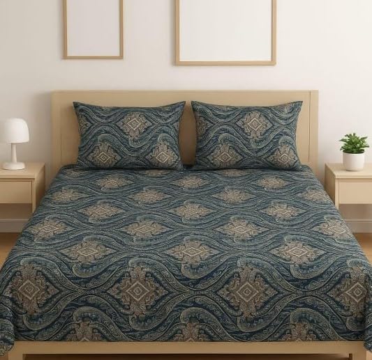 Image of Premium Glace Cotton Flat Double Bedsheets, 90 x 100 Inches with 2 King Size Pillow Cover 17 x 27 Inches, Floral (Blue)