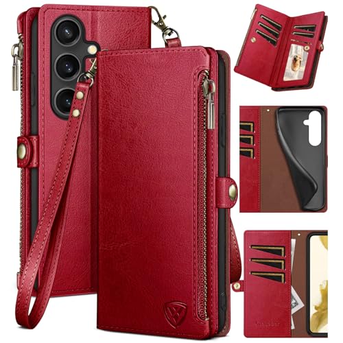 XcaseBar compatible with Samsung Galaxy S25 Plus Wallet case with Zipper Credit Card Holder?RFID Blocking?,Flip Folio Book PU Leather Phone case Shockproof Cover Women Men for Samsung S25Plus case Red
