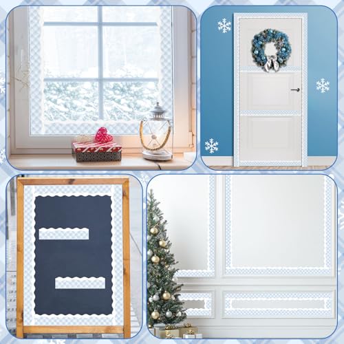 Image of BeYumi Winter Snowflake Border Trim - 65ft Winter Christmas Sage Blue Snowflake Plaid Scalloped Rolled Border Trim Checkered Bulletin Board Borders School Classroom Office Chalkboard Door Decoration