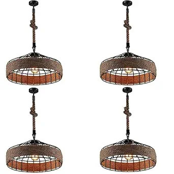 JACKAL Hemp Rope Style Vintage Lamp Ceiling Light Pack of 4, Pendant Light for Restaurant Cafe Bars Decor (Bulb Not Included) | Candlestick Round Iron Cage Hanging Lamp Loft Tokri Hanging Light