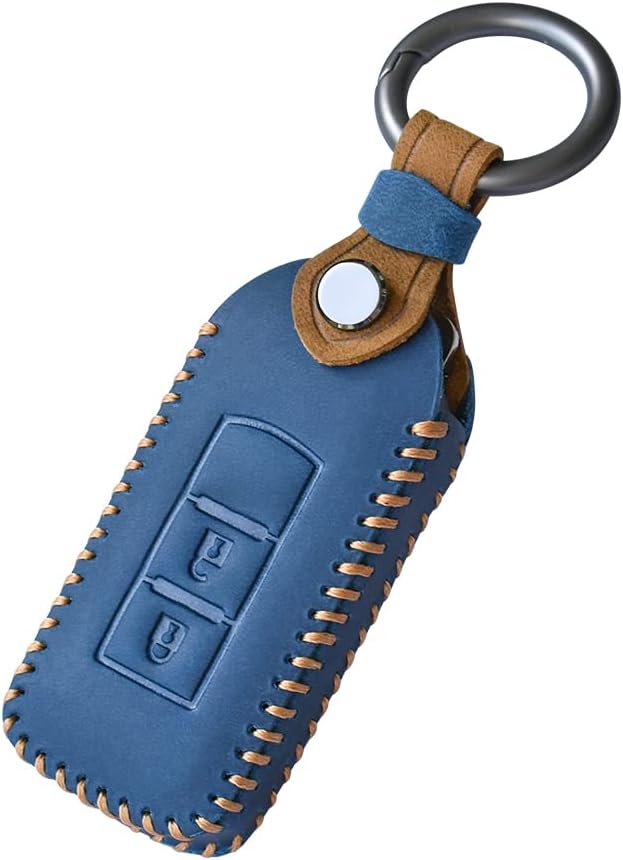 HIBEYO Leather Car Key Fob Cover with Keychain fits for Mitsubishi Outlander Eclipse ASX Mirage Lancer Car Key Case Cover Protector Smart Remote Keyless Entry Car Key Holder 2 Button Blue