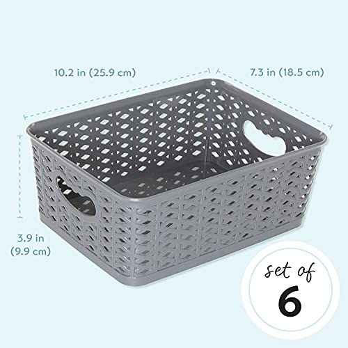 Larque 6 Plastic Storage Bins 10.2 X 7.3 X 3.9 Inches, Small Weave Organizer Bins With Integrated Handles For Home, Kitchen/Pantry, Craft Room, Bookshelf Organization, And Office (Dark Grey) #TOP2