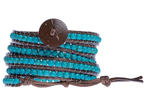 Lannaclothesdesign Turquoise 5 Wrap Beads Leather Bracelet Wooden Closure Adjustable (Turquoise)