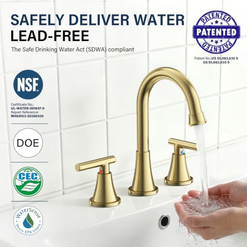 Image of Bathroom Faucet 3 Hole, Brushed Gold Faucets with Drain and Supply Lines | Hurran Stainless Steel Lead-Free Widespread Bathroom Sink Faucet for Vanity RV Restroom Laundry Outdoor Camper, 2 Pack