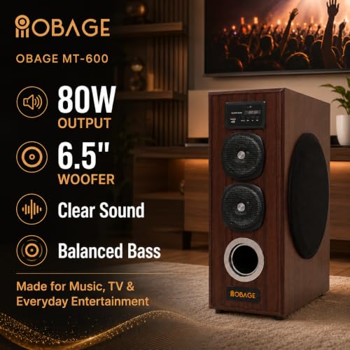 Image of OBAGE MT-600 Single Tower Speaker | 80W Output, 6.5 inch Woofer, Bluetooth, FM & AUX, Clear Sound with Balanced Bass, For Music, TV & Everyday Entertainment