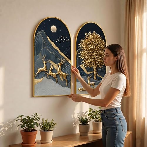 Image of Livin'luxe Set of 2 Golden Deer Wall Painting for Living Room, Moon Mountain Modern Artwork, PVC Golden Frame, Arch Shape Wall Decor for Bedroom, Hall, Office & Gift (30 x 32 Inch) RPNL-02-119