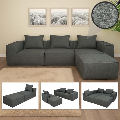 Sofá L-Sofa HWC-O54, sofá con otomana, ampliable modular derecha/izquierda, tela/textil 63 x 270 x 190 cm - gris oscuro
