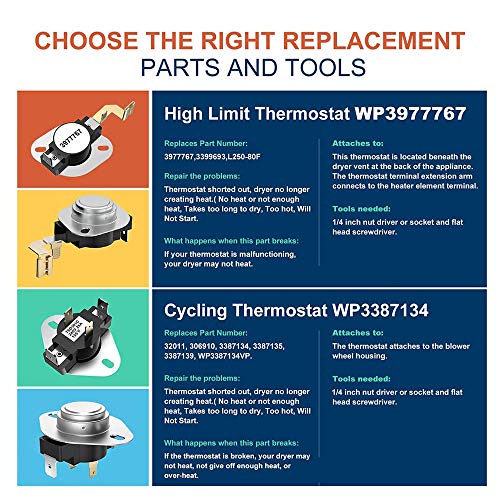 DECDEAL 279838 Elemento de aquecimento do secador aplicável a Whirlpool Roper 3392519 3977393 Fusíve