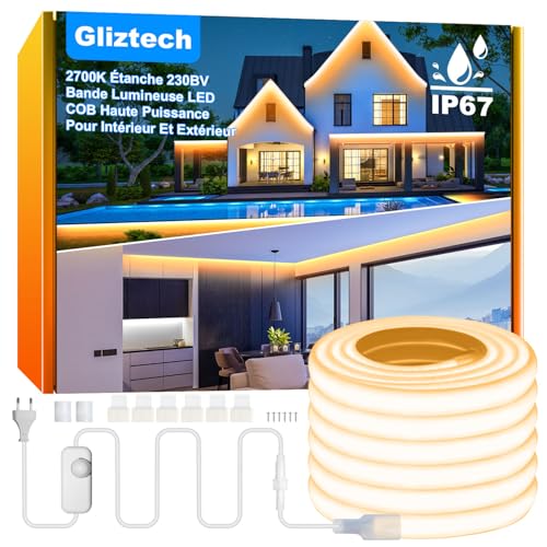 Gliztech Ruban LED COB Exterieur IP67 Étanche AC 230V à Douille Directe, 20M Super Lumineuse Led Cob avec Contrôleur à Double Fusible, 2700K Bande LED Blanc pour Jardin Terrasse Commerciale