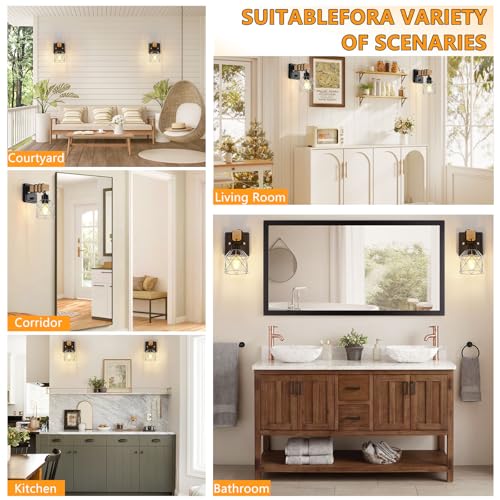 Image of FadimiKoo Wall Sconces Set of Two, Bedside Wood Wall Lamps with Rotary Switch, Black Bathroom Vanity Light with Silver Wire Cage, Rustic Dimmable Sconces Wall Lighting for Living Room, Hallway, Mirror