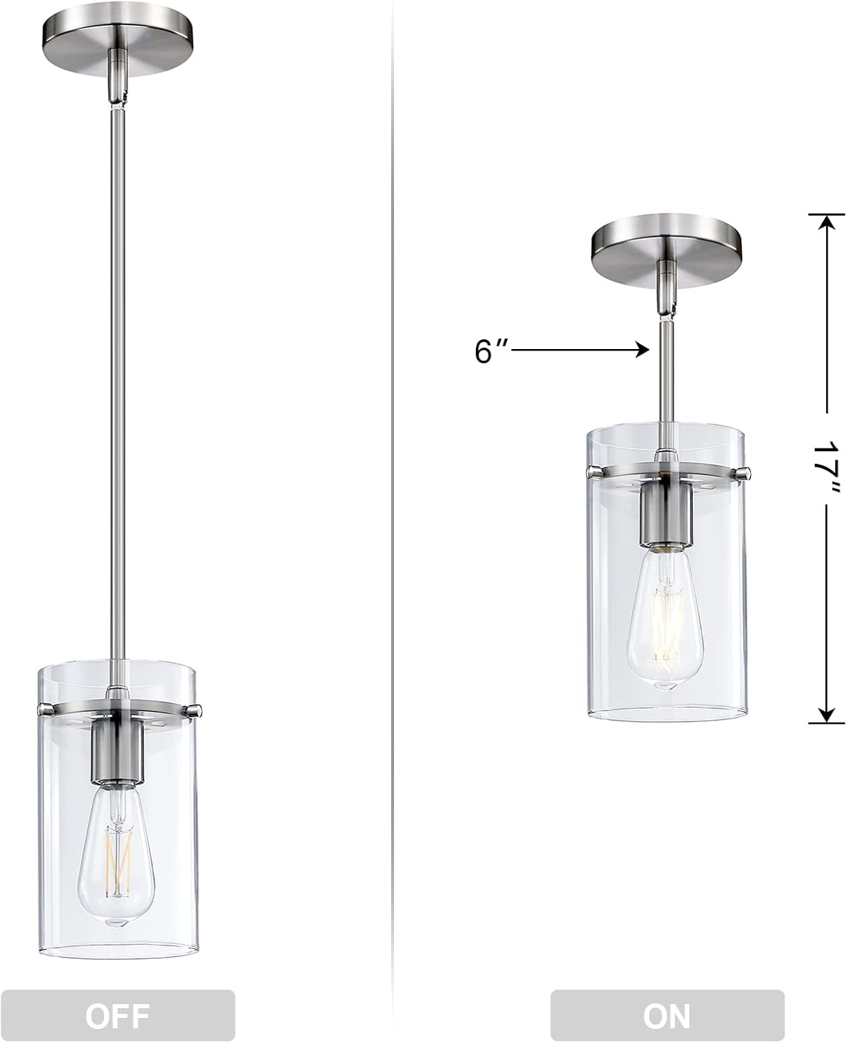 Doraimi Lighting 1 Light Modern Kitchen Island Rod Pendant Light 5 Inch Clear Glass Shade Brushed Nickel Pendant Lamp Farmhouse Hanging Light Fixture for Kitchen Island Dining Room Bedside - - 