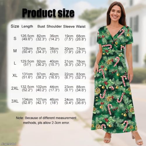 Image of Women's Fall Summer Short Sleeve Ankle Length V-Neck Party Dress with Pockets Size S-3XL