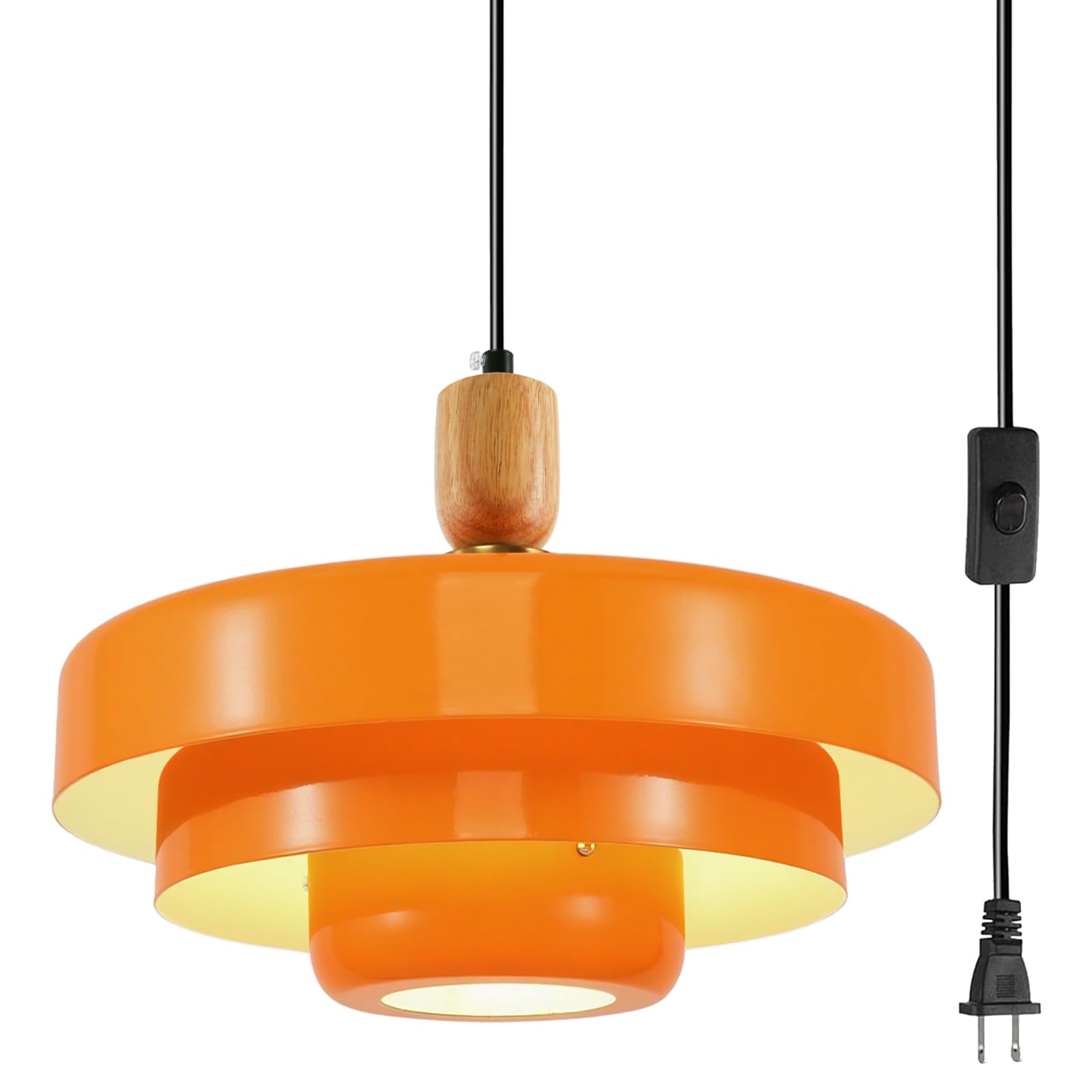 Vintage Plug in Pendant Light Kitchen Island Mid Century Hanging Lamp with Plug in Cord 3-Layer Orange Metal Pendant Light with Wood Accent for Living Room Dining Bedroom Kitchen