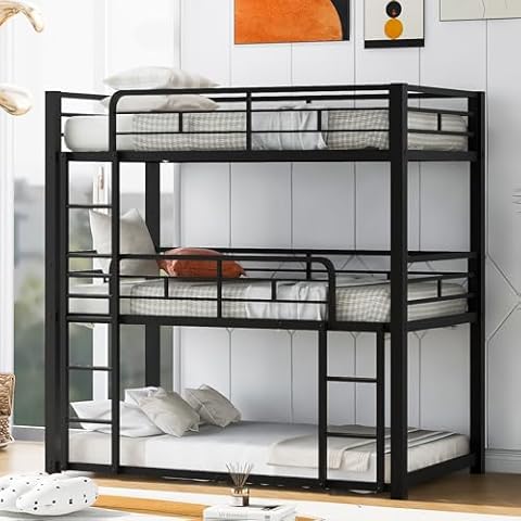 Miscoos Heavy Duty Triple Bunk Bed, Twin Over Twin Over Twin Metal Bunkbeds with Ladder for Kids, Teens Bedroom, No Box Spring Needed, Easy Assembly, Black Cover