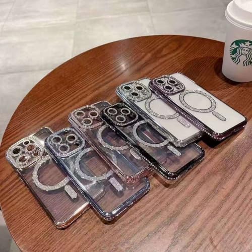 Image of Elzzi Compatible with (iPhone 14 Pro Max Case) Clear Luxury Diamond Glitter Case |Camera Lens Protector with Glitter Ring | Premium Shockproof Glossy Shiny Back Cover Case for Girls Women -DEEP-P