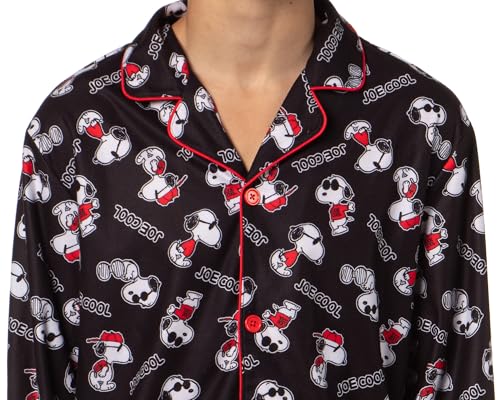 INTIMO Peanuts Men's Snoopy Joe Cool Classic Pajama Button-up Coat Top with Pants Lounge Sleep Set2