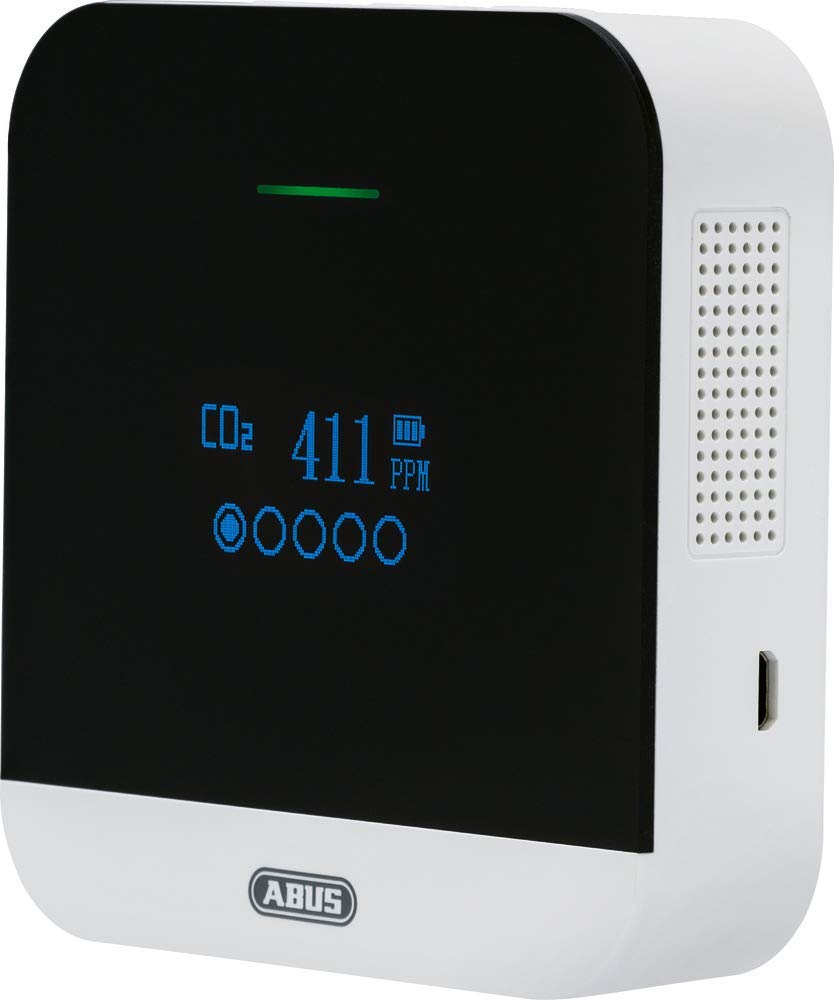 ABUS CO2WM110 AirSecure czujnik CO2 – miernik jakości powietrza, wilgotności powietrza i temperatury w pomieszczeniu – z alarmem i sygnalizacją CO2 – czujnik 10-letni