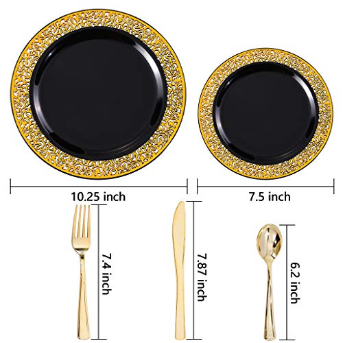 BUCLA 125PCS Black Plastic Plates with Gold Rim & Disposable Gold