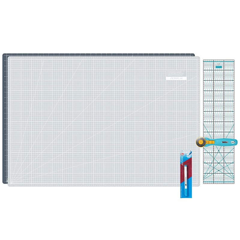 Semplix Schneidematten-Set A1 mit Prym Aqua-Trickmarker (grau/türkis) | A1 Schneidematte 90x60 cm selbstheilend mit Rollschneider Ø45 mm, Patchwork-Lineal 60x15 cm & Prym Aqua-Trickmarker.