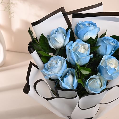 Image of FlowerAura Premium Fresh Live Flower Bouquet of 8 Blue Painted Roses In Designer Paper Gift For Birthday | Anniversary | Love | Home Decor | Fathers Day Gift For Dad (Same Day Delivery)