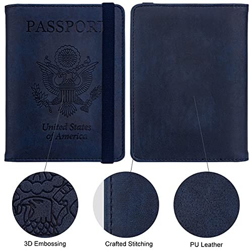 Image of WALNEW Passport Holder for Travel, RFID Passport Cover Wallet for Women Men, PU Leather Passport Book Card Holder Case with Pen (Elastic Band Closure, A-Navy Blue)