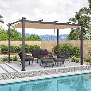 PURPLE LEAF 10 X 13 Outdoor Retractable Pergola with Sun Shade Canopy Patio Metal Shelter for Garden Porch Beach Pavilion Grill Gazebo Modern Yard Grape Trellis Pergola Beige