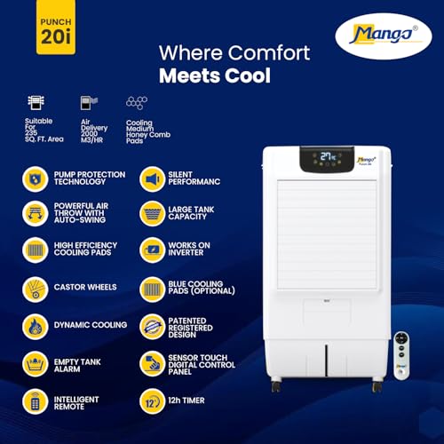 Image of Mango Punch Room Air Cooler Punch 20i |2000 m /hr Air Delivery | Honeycomb Pads | Auto Swing | Castor Wheels | For Rooms up to 235 Sq Ft (18L)